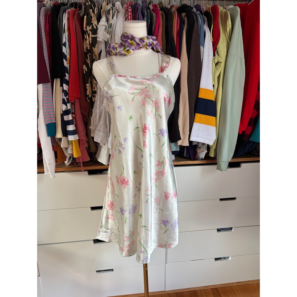 Erika Taylor Intimates Floral Satin Nightgown Womens Small Ivory Pink Slip Dress